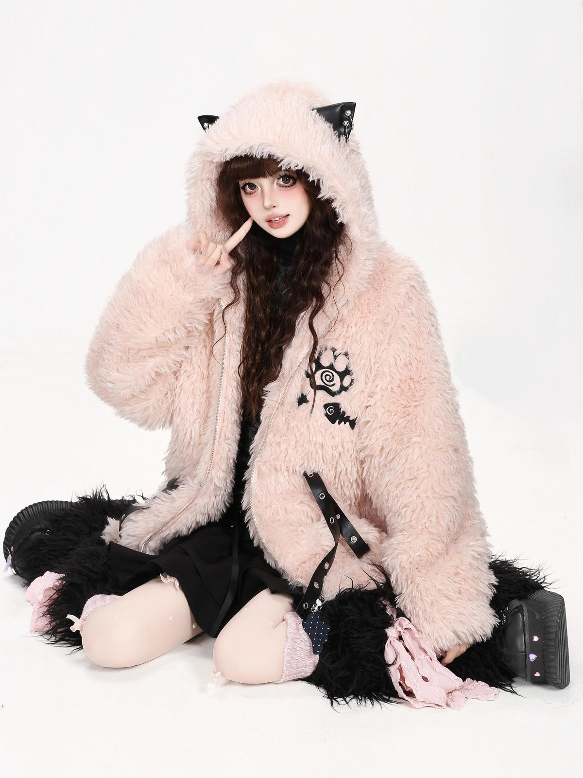 CRAZYGIRL Cat Ear Cross Strap Hooded Thick Fleece Women&