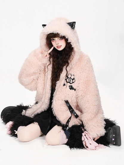 CRAZYGIRL Cat Ear Cross Strap Hooded Thick Fleece Women&