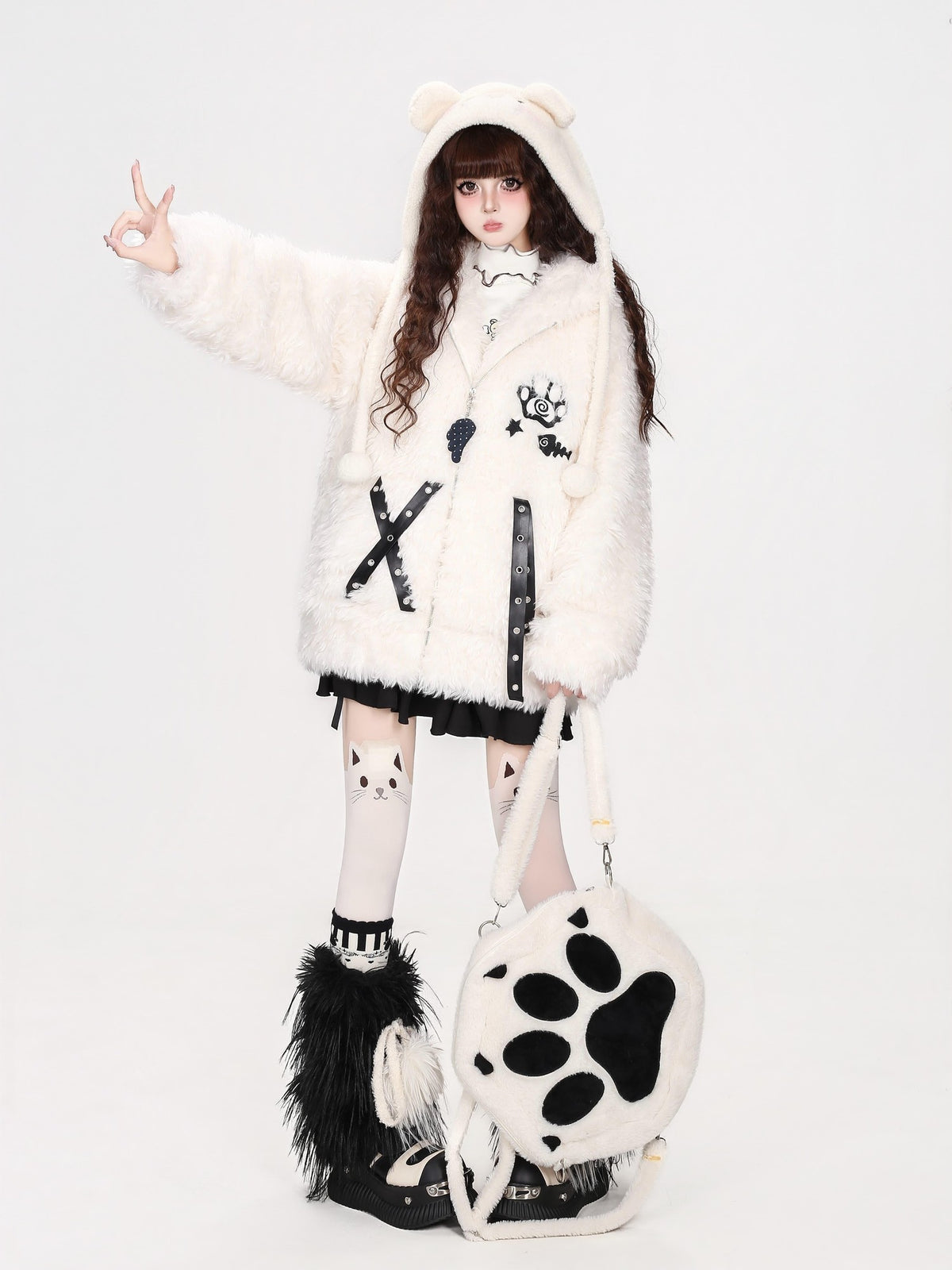 CRAZYGIRL Cat Ear Cross Strap Hooded Thick Fleece Women&