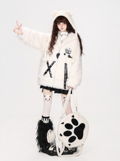 CRAZYGIRL Cat Ear Cross Strap Hooded Thick Fleece Women&