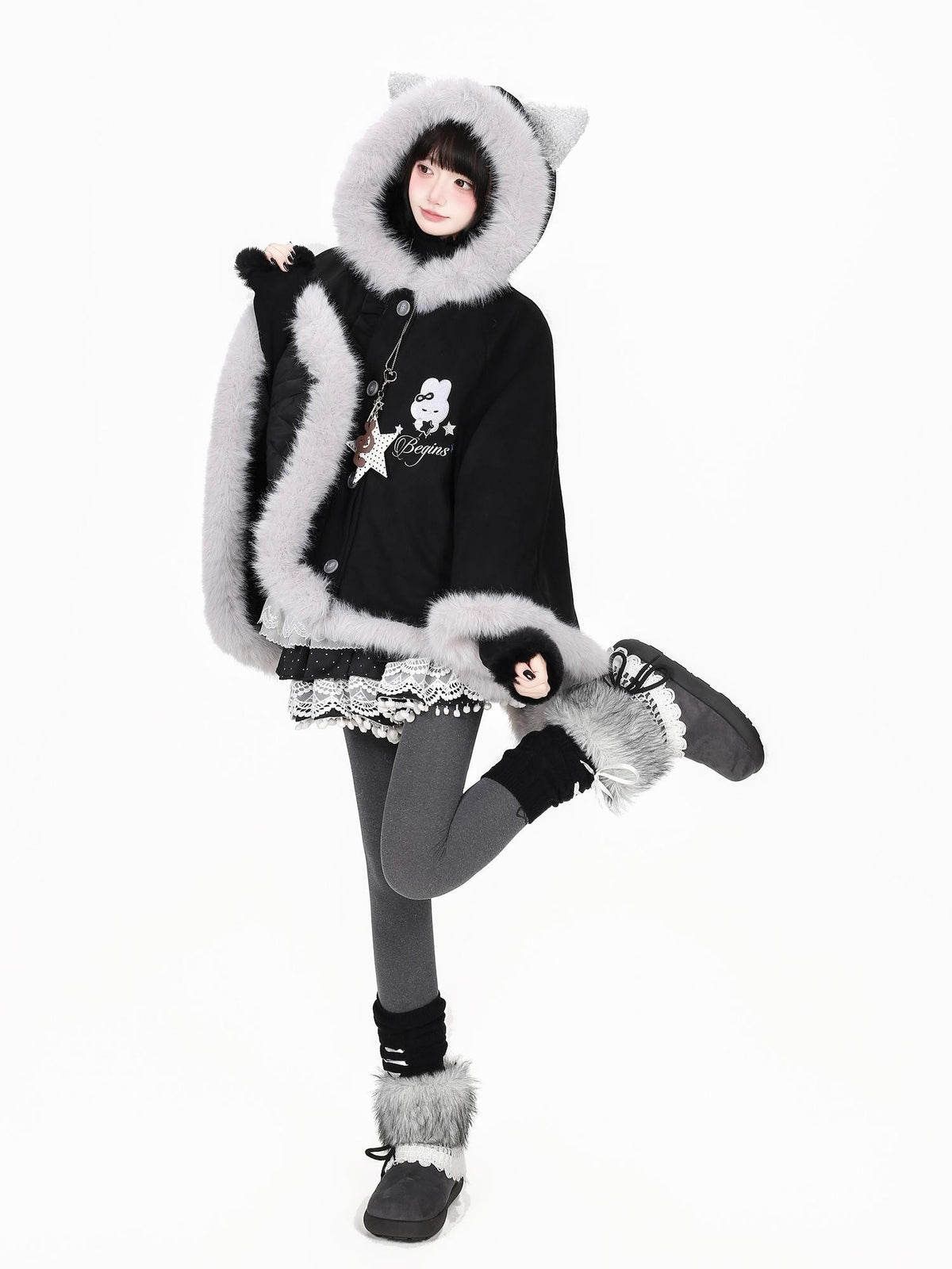 CRAZYGIRL Cat Ear Hooded Fuzzy Trim Padded Women&