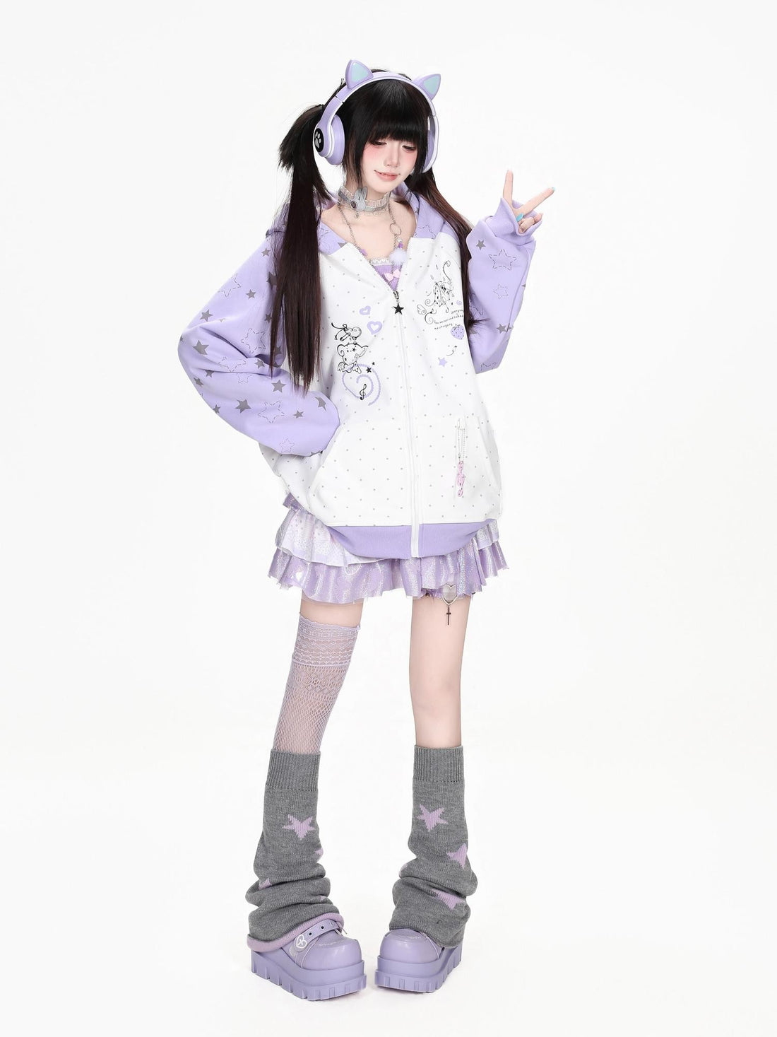 CRAZYGIRL Cat Ear Star Polka Dot Color Block Raglan Sleeve Loose Fit Women&