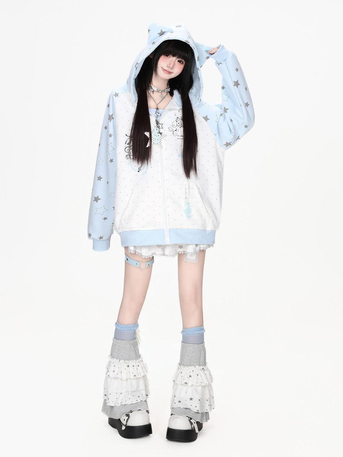 CRAZYGIRL Cat Ear Star Polka Dot Color Block Raglan Sleeve Loose Fit Women&