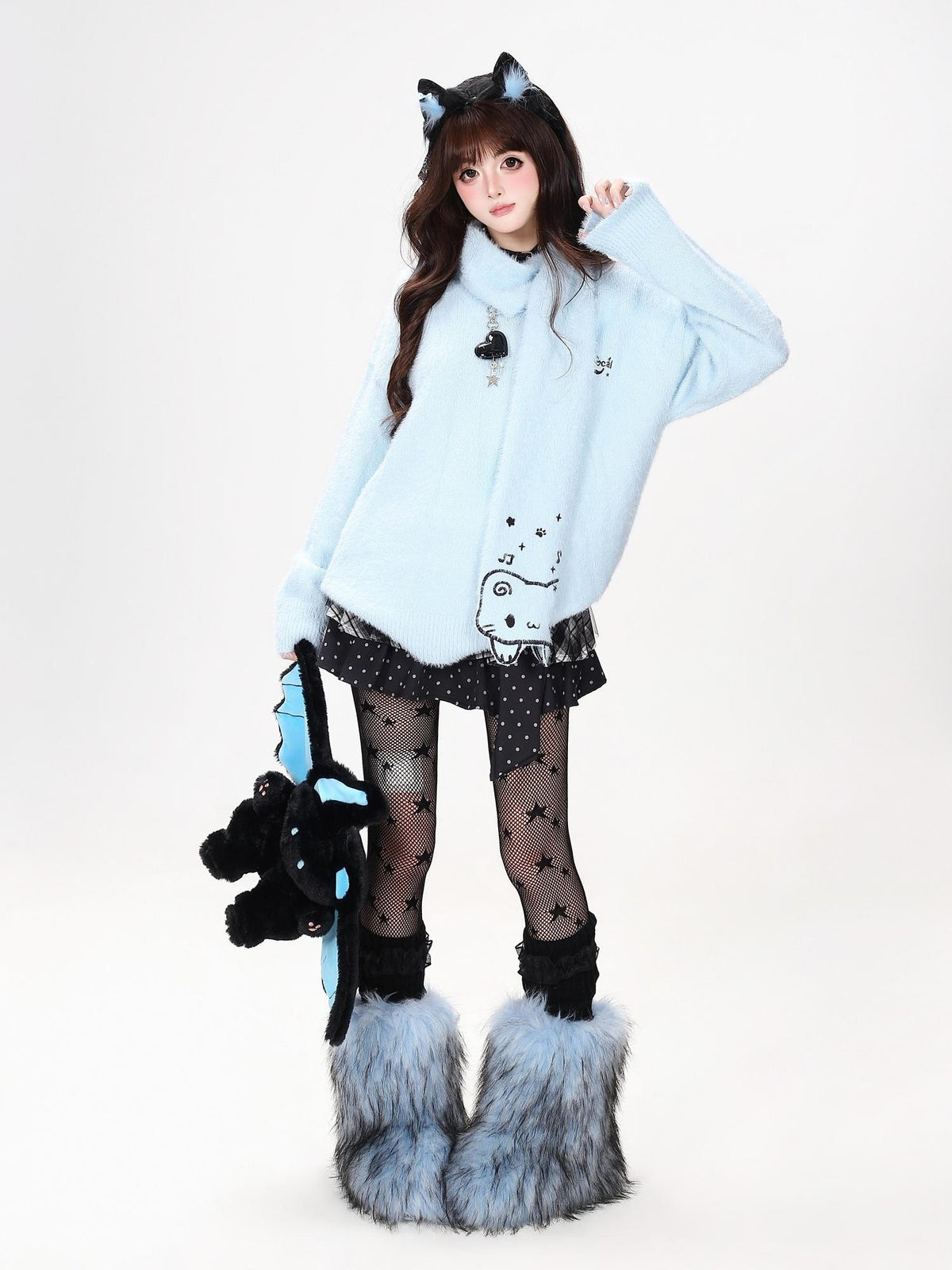 CRAZYGIRL Cat Embroidered Knit Loose Fit Pullover Women&