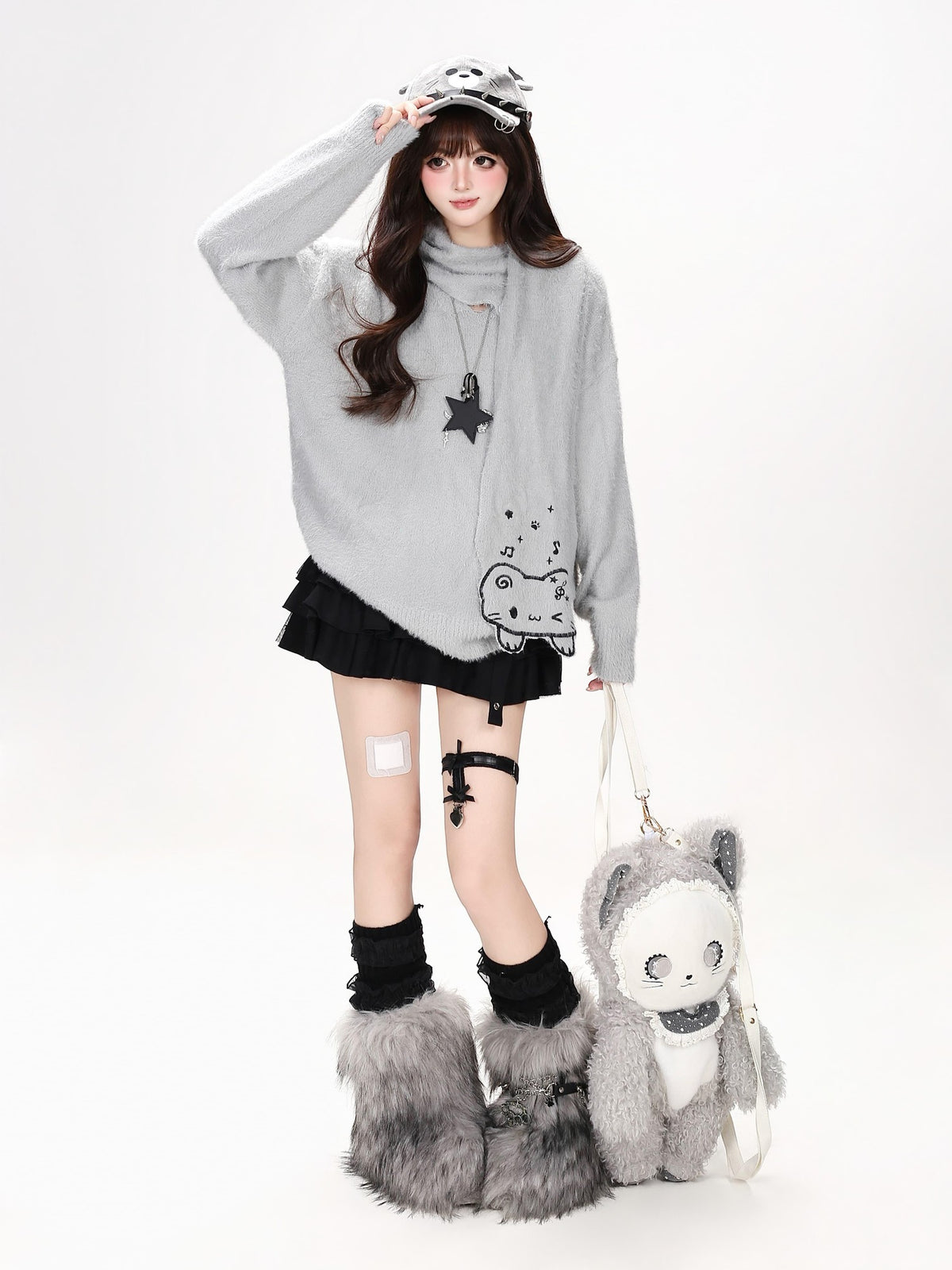 CRAZYGIRL Cat Embroidered Knit Loose Fit Pullover Women&