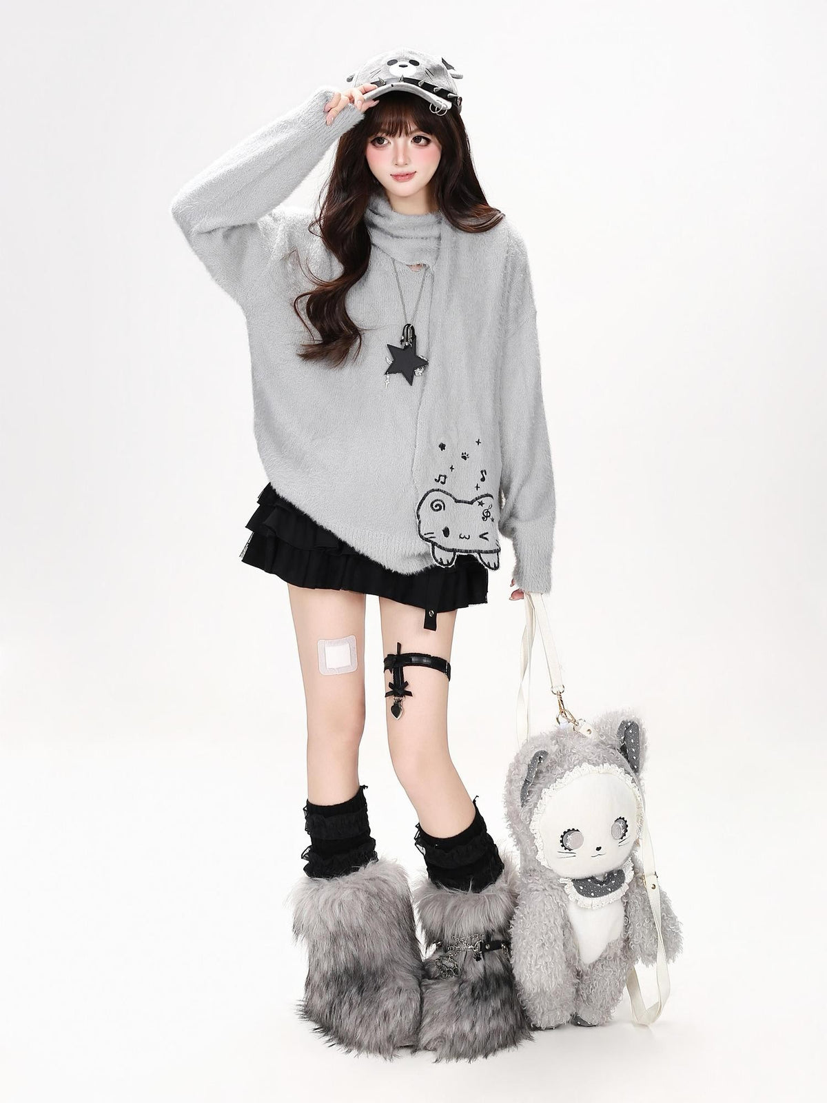 CRAZYGIRL Cat Embroidered Knit Loose Fit Pullover Women&