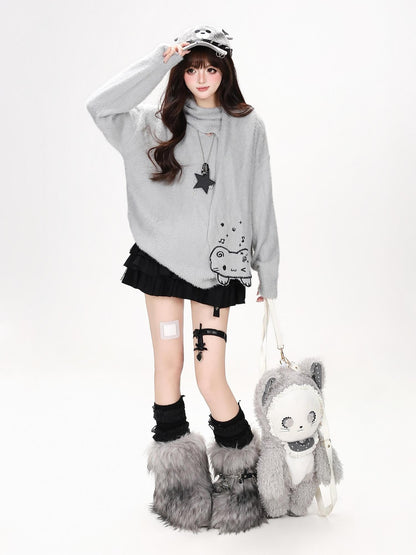 CRAZYGIRL Cat Embroidered Knit Loose Fit Pullover Women&