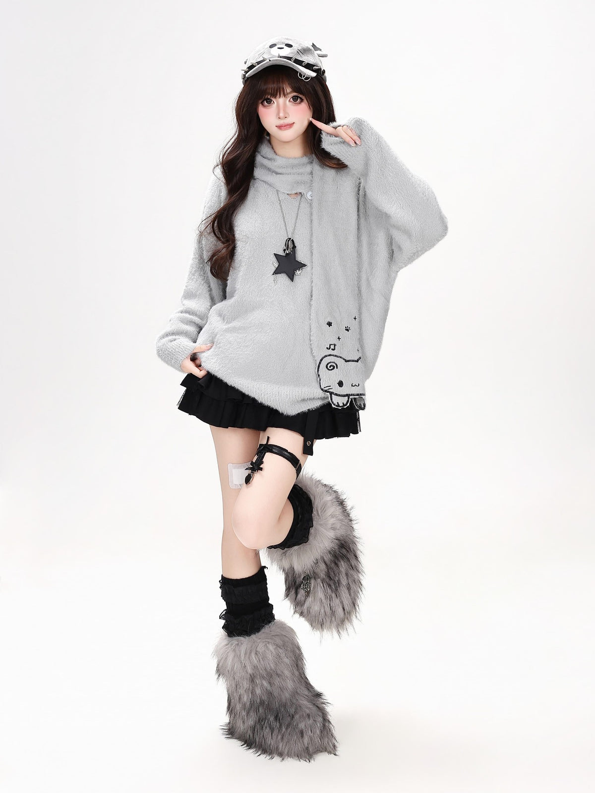 CRAZYGIRL Cat Embroidered Knit Loose Fit Pullover Women&