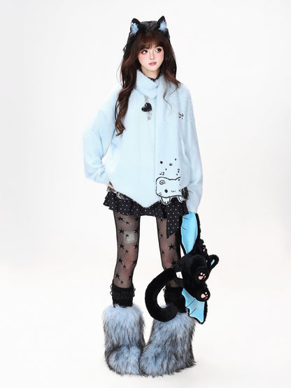 CRAZYGIRL Cat Embroidered Knit Loose Fit Pullover Women&