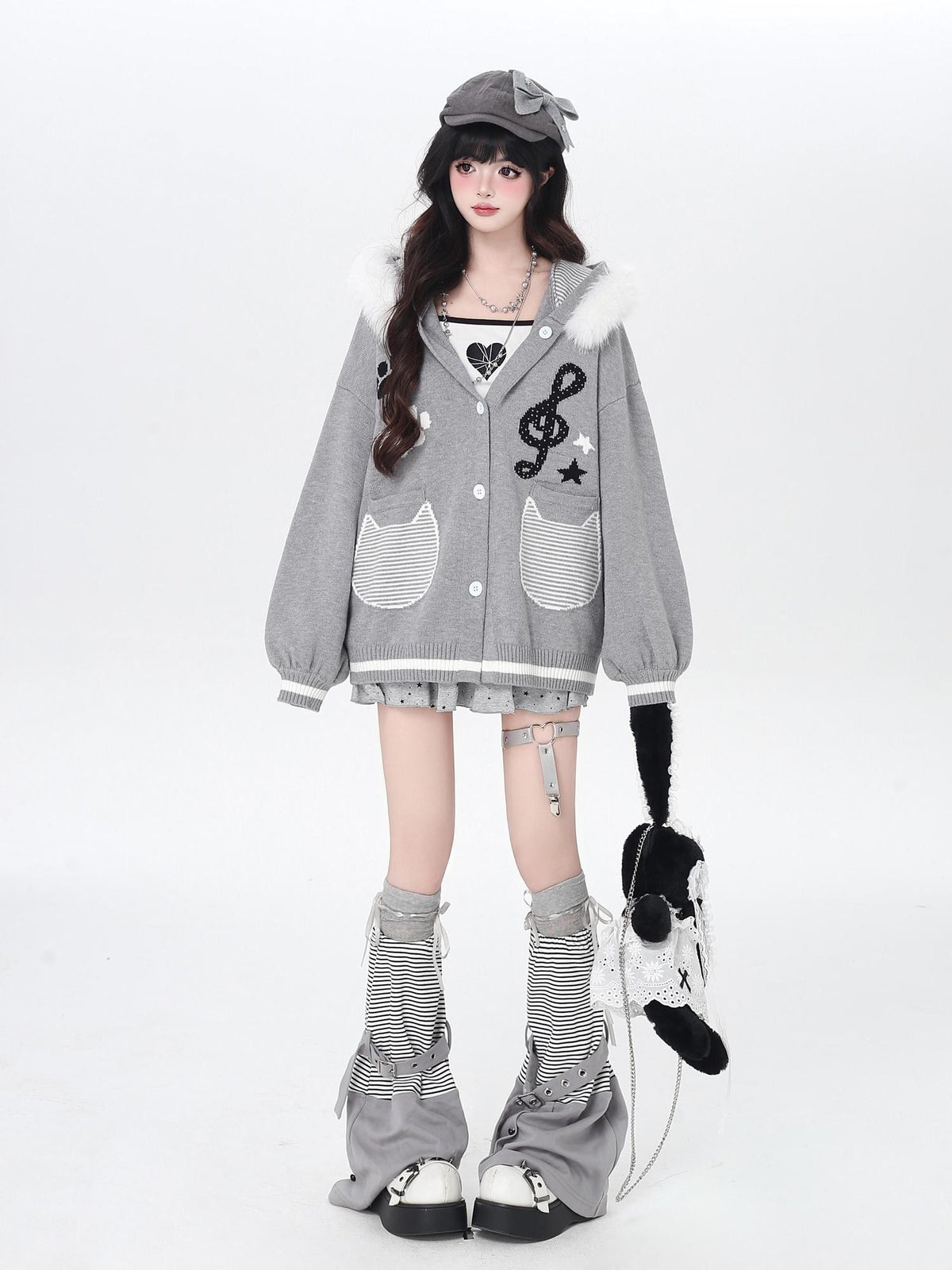 CRAZYGIRL Cat Print Hooded Knit Loose Fit Long Sleeve Women&