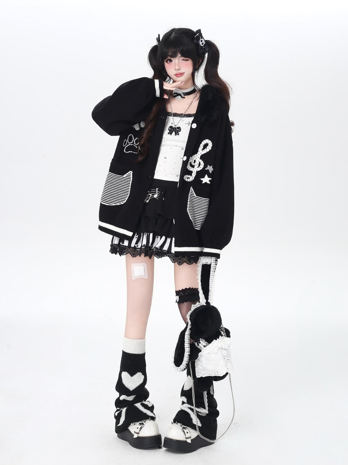 CRAZYGIRL Cat Print Hooded Knit Loose Fit Long Sleeve Women&