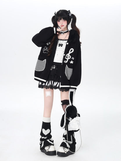 CRAZYGIRL Cat Print Hooded Knit Loose Fit Long Sleeve Women&