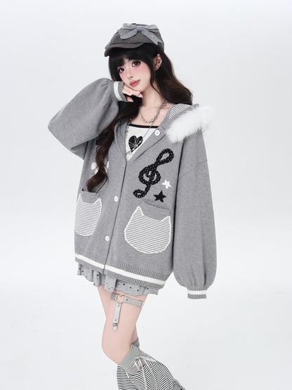 CRAZYGIRL Cat Print Hooded Knit Loose Fit Long Sleeve Women&