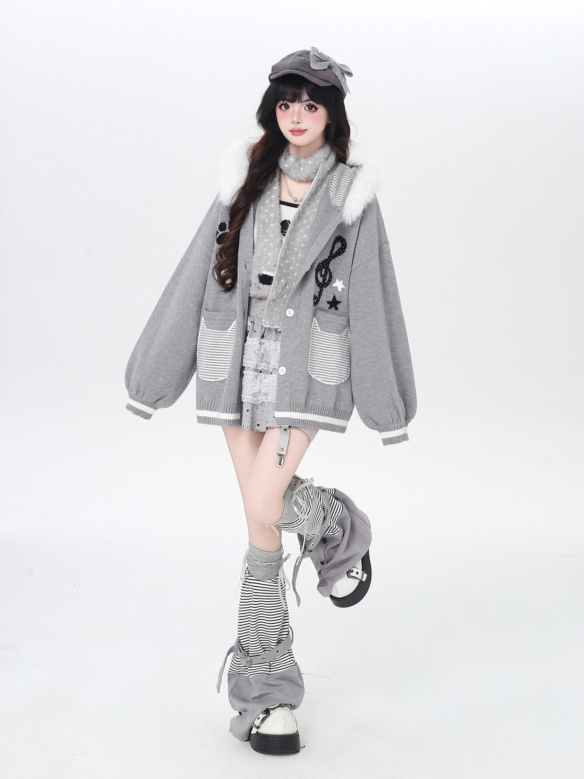 CRAZYGIRL Cat Print Hooded Knit Loose Fit Long Sleeve Women&