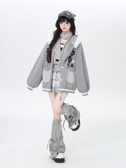 CRAZYGIRL Cat Print Hooded Knit Loose Fit Long Sleeve Women&
