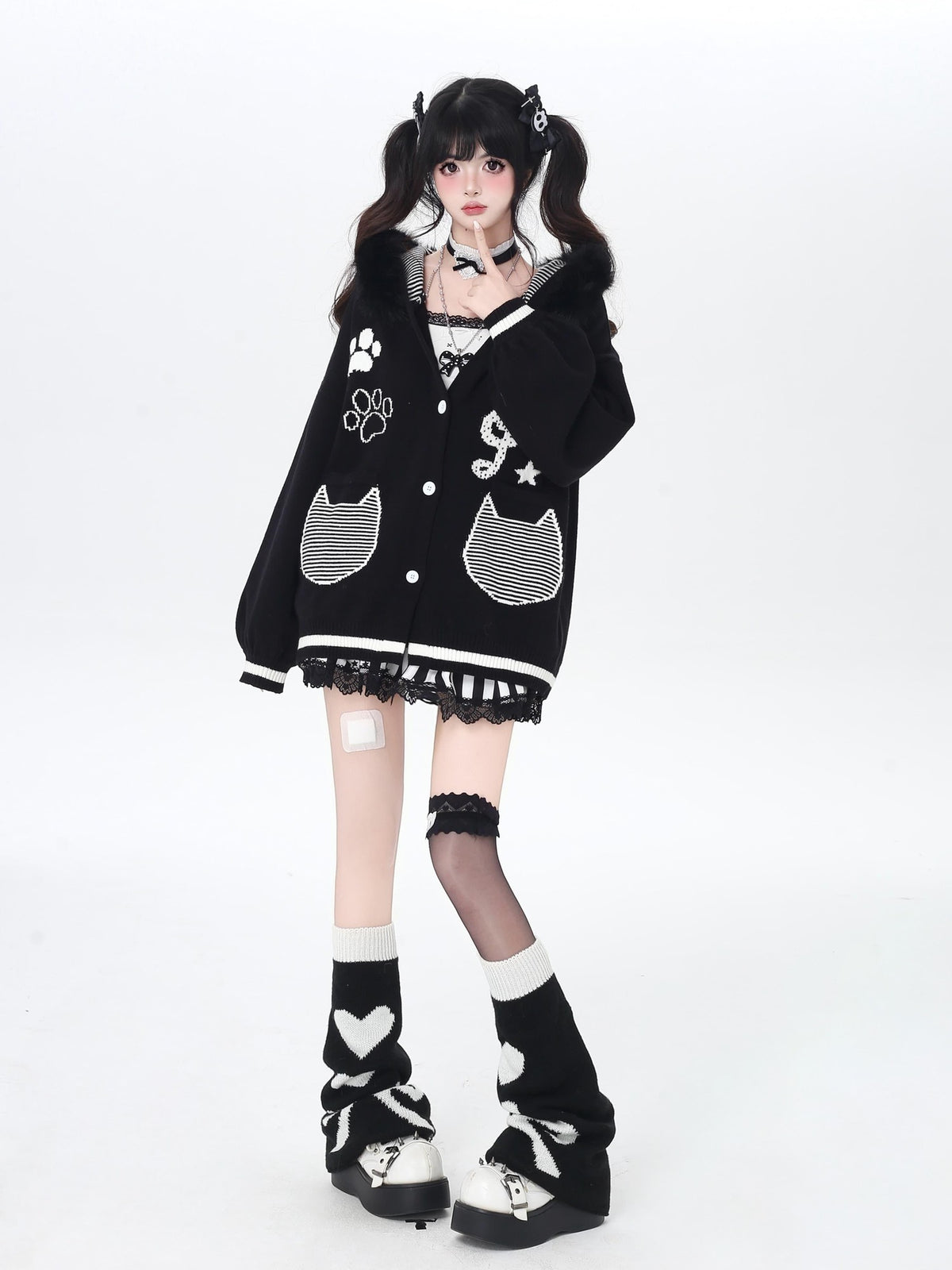 CRAZYGIRL Cat Print Hooded Knit Loose Fit Long Sleeve Women&