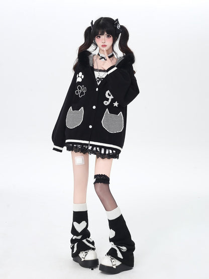 CRAZYGIRL Cat Print Hooded Knit Loose Fit Long Sleeve Women&