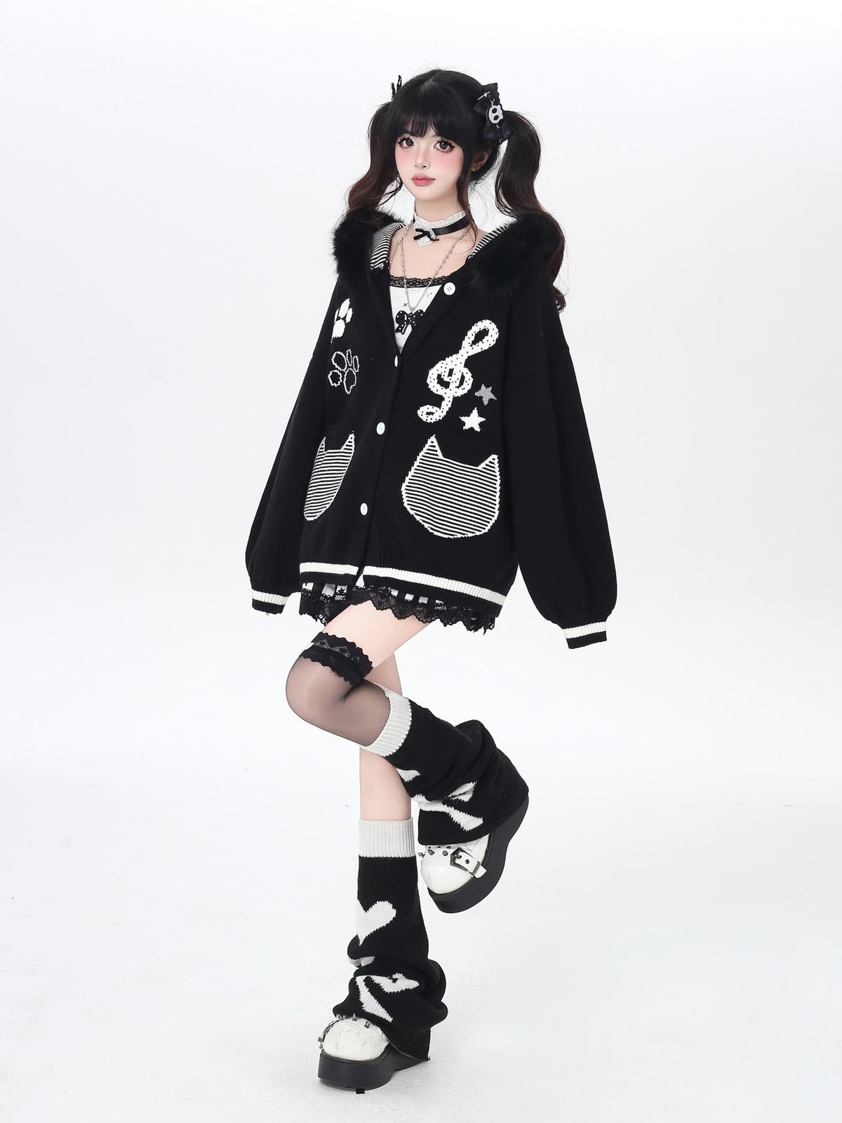 CRAZYGIRL Cat Print Hooded Knit Loose Fit Long Sleeve Women&