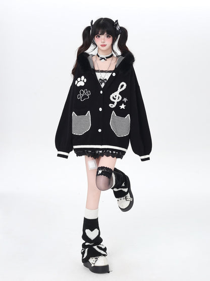 CRAZYGIRL Cat Print Hooded Knit Loose Fit Long Sleeve Women&
