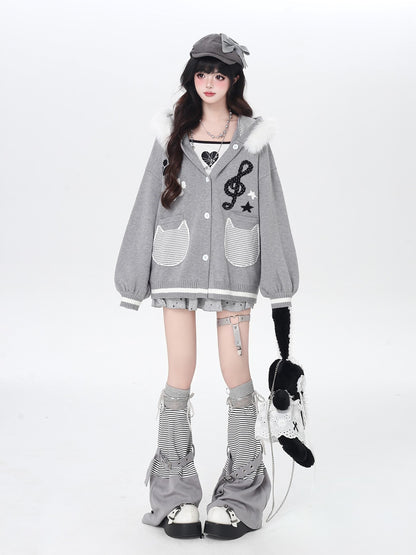 CRAZYGIRL Cat Print Hooded Knit Loose Fit Long Sleeve Women&