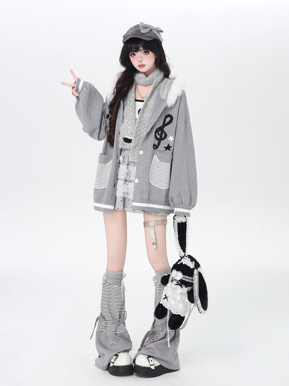 CRAZYGIRL Cat Print Hooded Knit Loose Fit Long Sleeve Women&