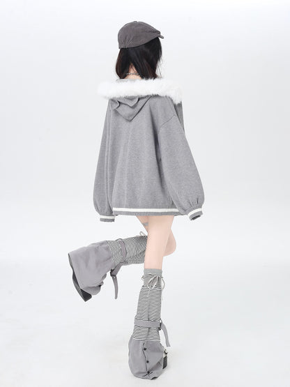 CRAZYGIRL Cat Print Hooded Knit Loose Fit Long Sleeve Women&