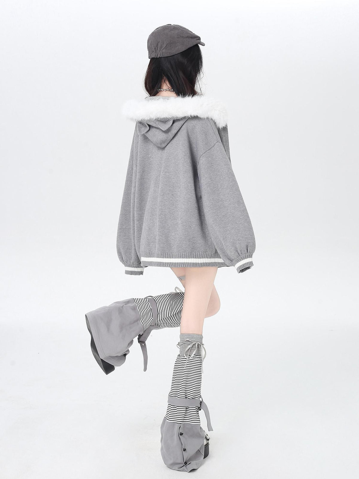 CRAZYGIRL Cat Print Hooded Knit Loose Fit Long Sleeve Women&