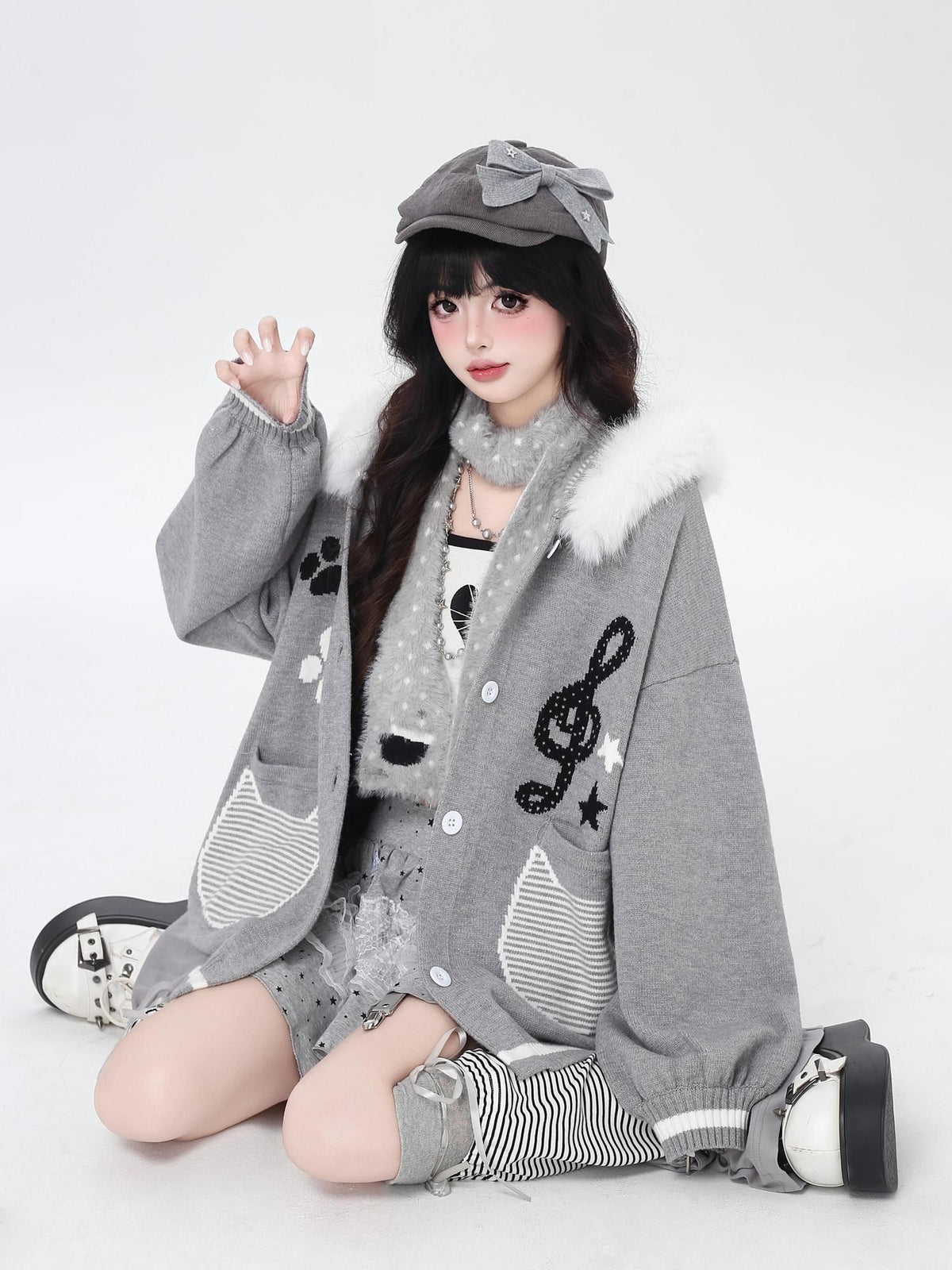 CRAZYGIRL Cat Print Hooded Knit Loose Fit Long Sleeve Women&