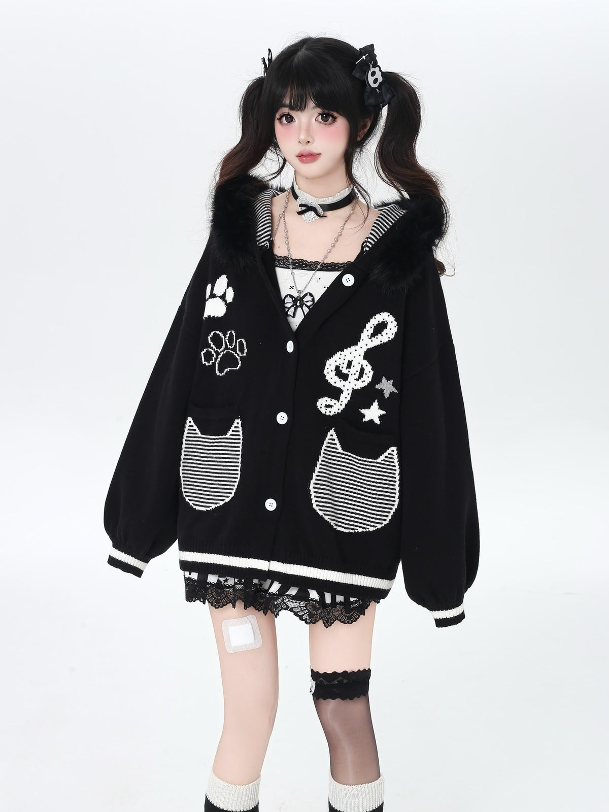 CRAZYGIRL Cat Print Hooded Knit Loose Fit Long Sleeve Women&