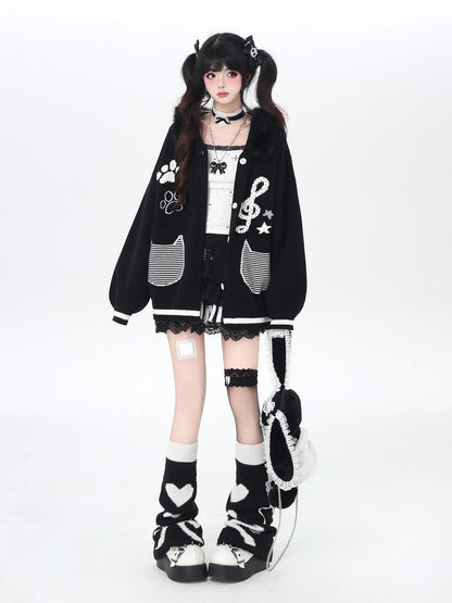 CRAZYGIRL Cat Print Hooded Knit Loose Fit Long Sleeve Women&