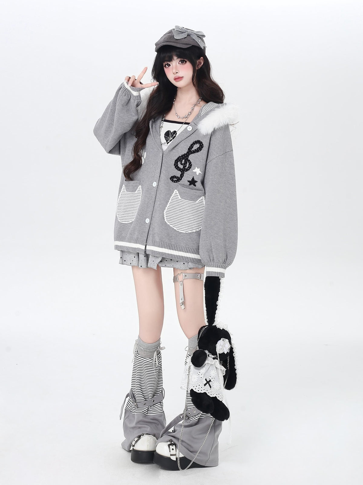 CRAZYGIRL Cat Print Hooded Knit Loose Fit Long Sleeve Women&