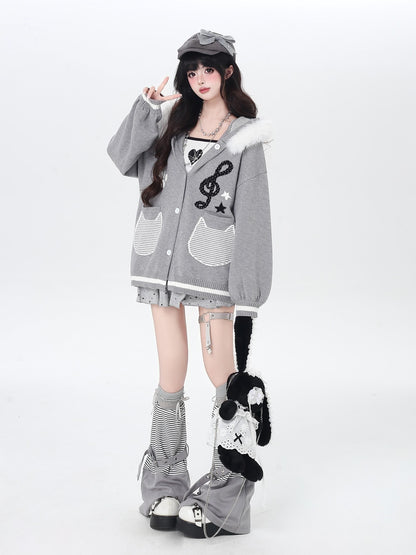 CRAZYGIRL Cat Print Hooded Knit Loose Fit Long Sleeve Women&