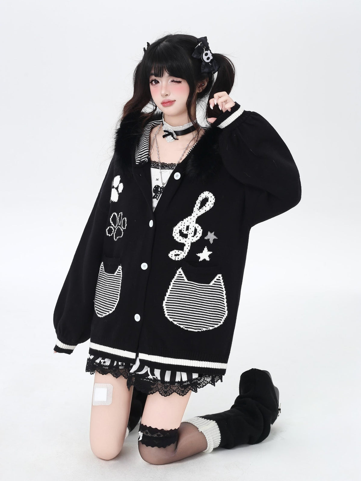 CRAZYGIRL Cat Print Hooded Knit Loose Fit Long Sleeve Women&