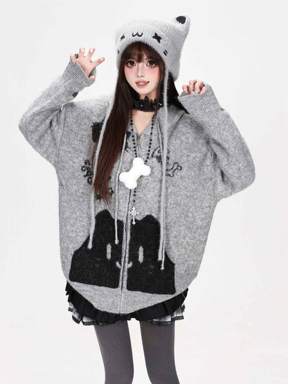 CRAZYGIRL_Cat_Print_Pocket_Hooded_Loose_Knit_Women&