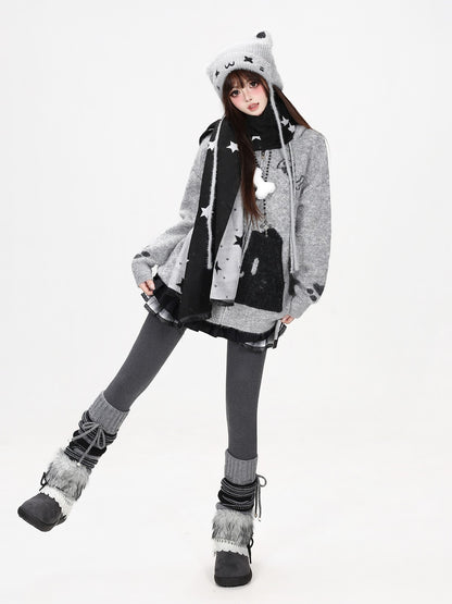 CRAZYGIRL Cat Print Pocket Hooded Loose Knit Women&