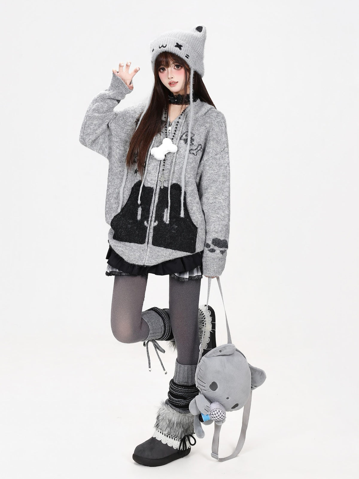 CRAZYGIRL Cat Print Pocket Hooded Loose Knit Women&