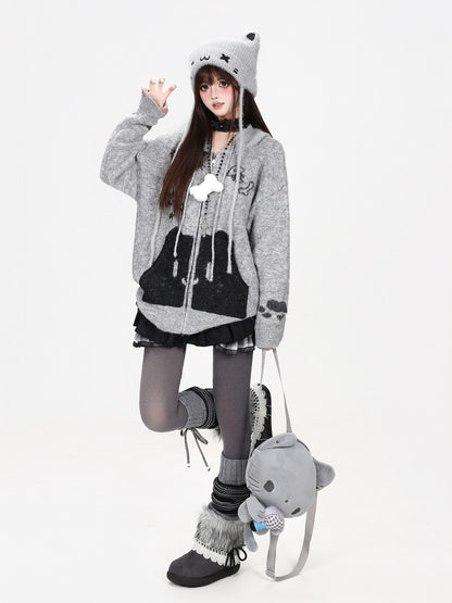 CRAZYGIRL Cat Print Pocket Hooded Loose Knit Women&