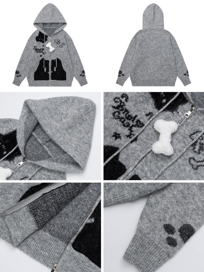 CRAZYGIRL Cat Print Pocket Hooded Loose Knit Women&
