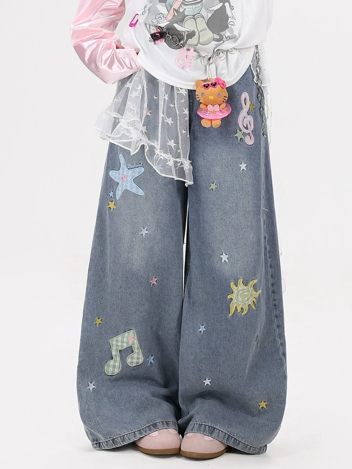 CRAZYGIRL_Colorful_Music_Note_Starfish_Embroidered_Washed_High_Waist_Women&