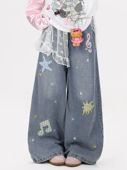 CRAZYGIRL_Colorful_Music_Note_Starfish_Embroidered_Washed_High_Waist_Women&