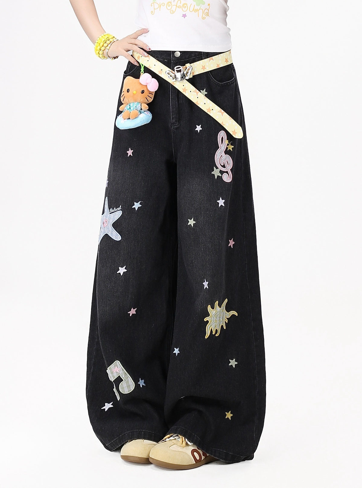 CRAZYGIRL_Colorful_Music_Note_Starfish_Embroidered_Washed_High_Waist_Women&