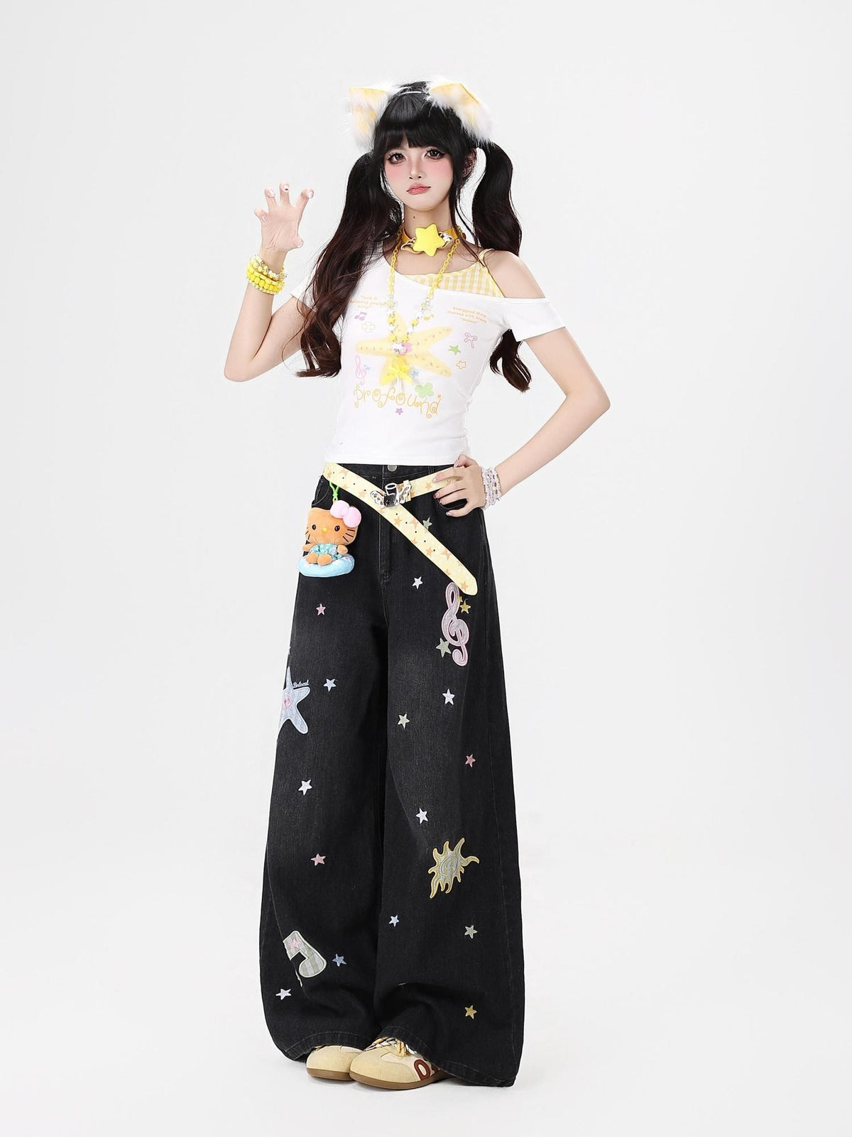 CRAZYGIRL Colorful Music Note Starfish Embroidered Washed High Waist Women&