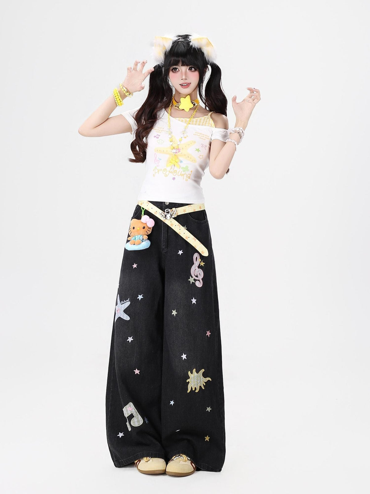 CRAZYGIRL Colorful Music Note Starfish Embroidered Washed High Waist Women&
