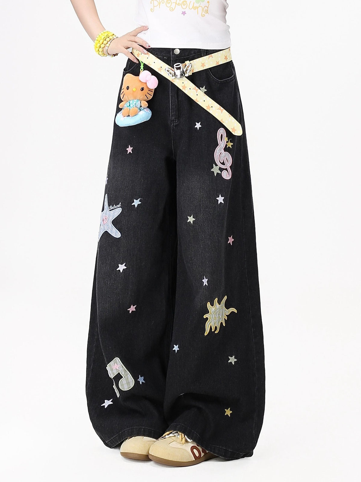 CRAZYGIRL Colorful Music Note Starfish Embroidered Washed High Waist Women&