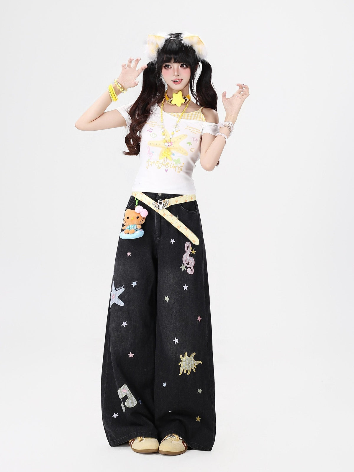 CRAZYGIRL Colorful Music Note Starfish Embroidered Washed High Waist Women&