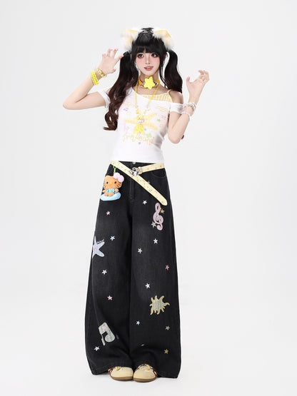 CRAZYGIRL Colorful Music Note Starfish Embroidered Washed High Waist Women&