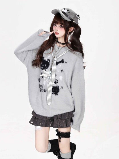 CRAZYGIRL_Crazygirl_Cat_Striped_Tie_Crewneck_Loose_Knit_Faux_Mink_Women&