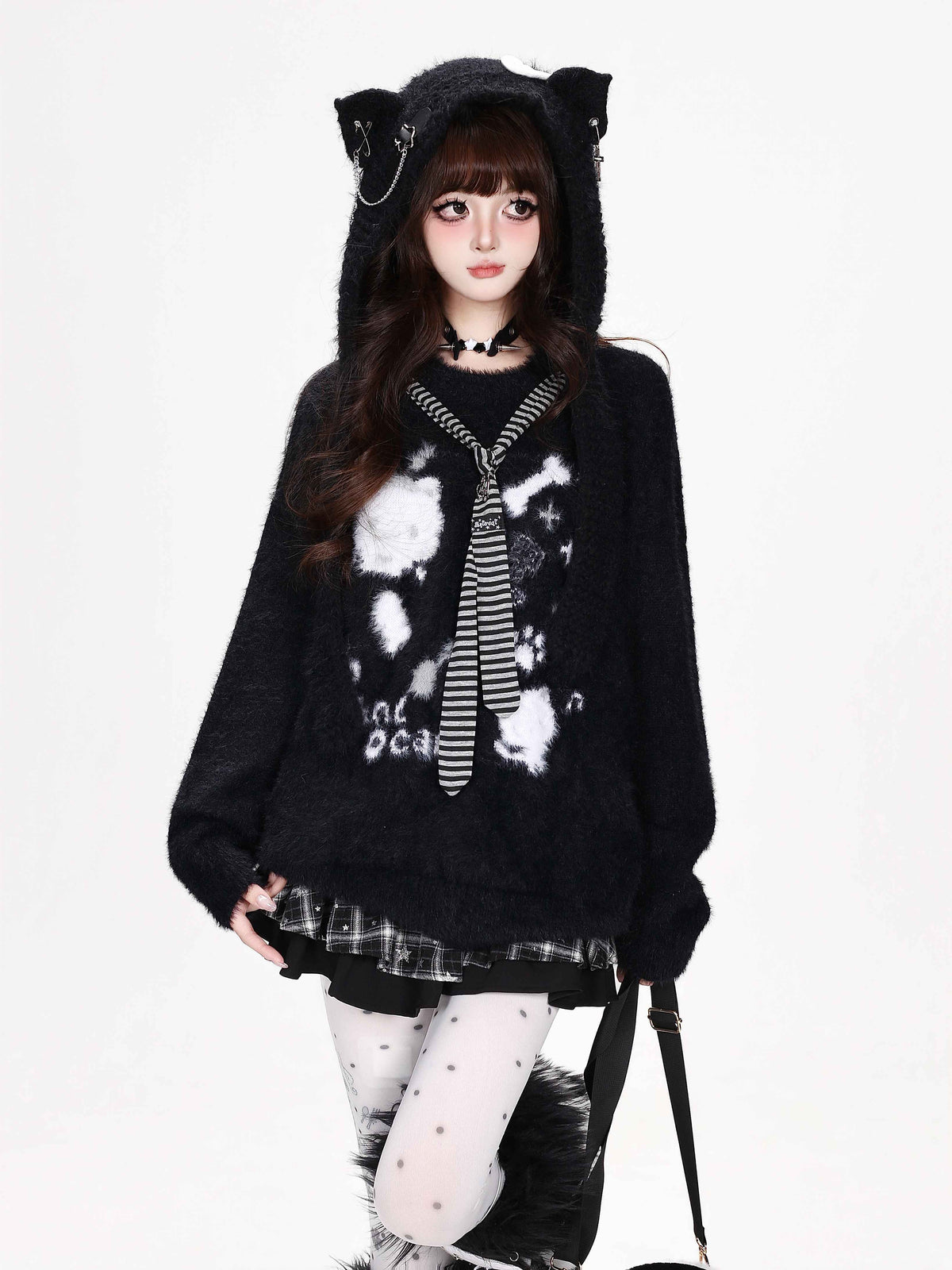 CRAZYGIRL_Crazygirl_Cat_Striped_Tie_Crewneck_Loose_Knit_Faux_Mink_Women&