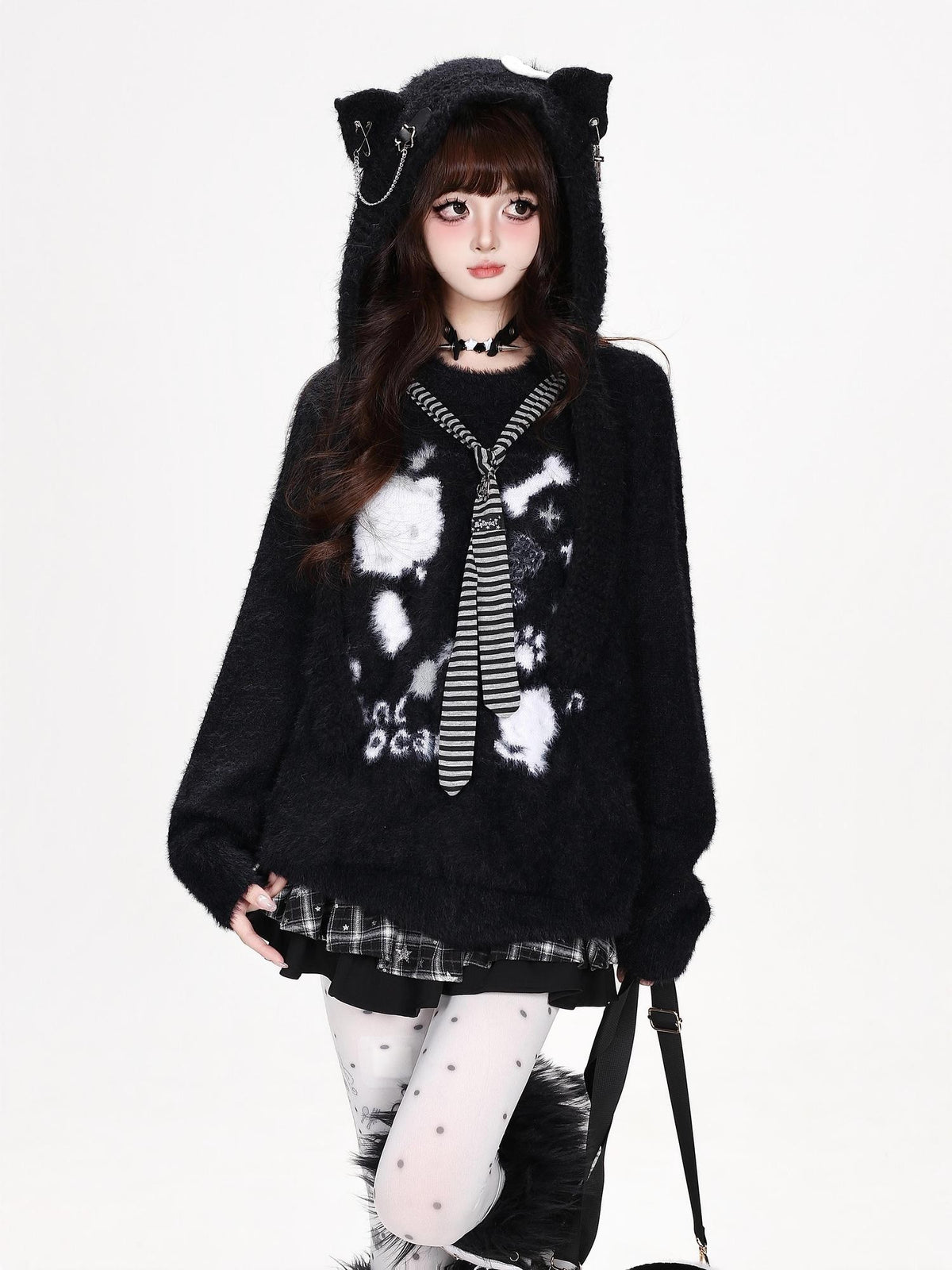 CRAZYGIRL Crazygirl Cat Striped Tie Crewneck Loose Knit Faux Mink Women&