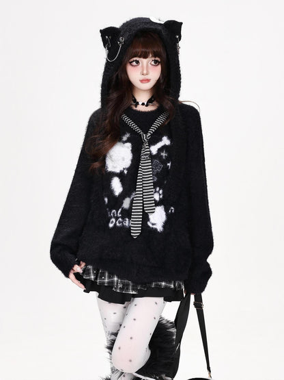 CRAZYGIRL Crazygirl Cat Striped Tie Crewneck Loose Knit Faux Mink Women&